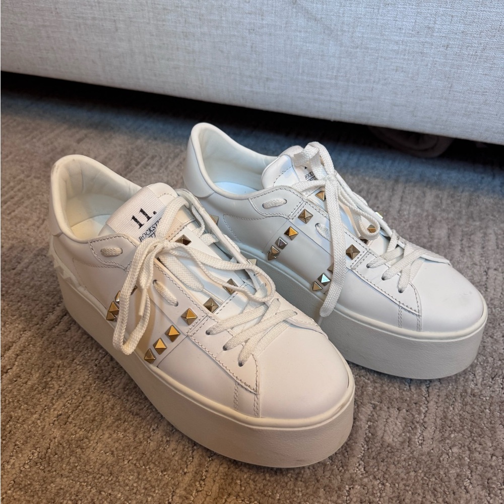 Valentino White Platform Sneakers with Gold Studs